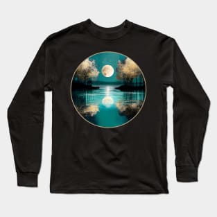 Teal Blue Lake Full Moon Rustic Reflections Long Sleeve T-Shirt